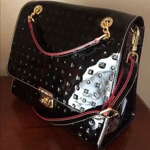 Arcadia Black Patent Leather Bag w/Snakeskin Sides